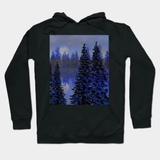 A misty night with full moon reflecting off a lake in the forest. Hoodie